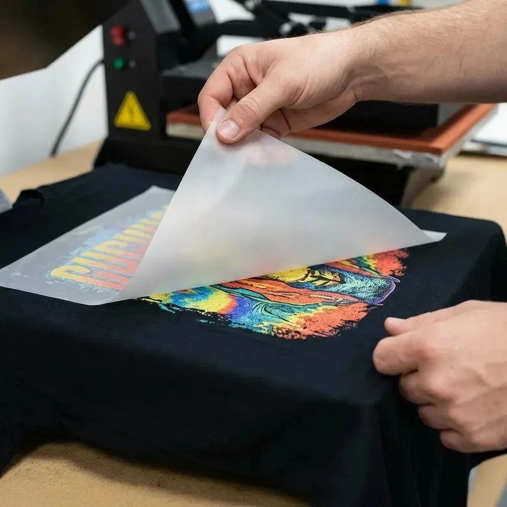 Aplicação de DTF têxtil com prensa térmica em camisa preta