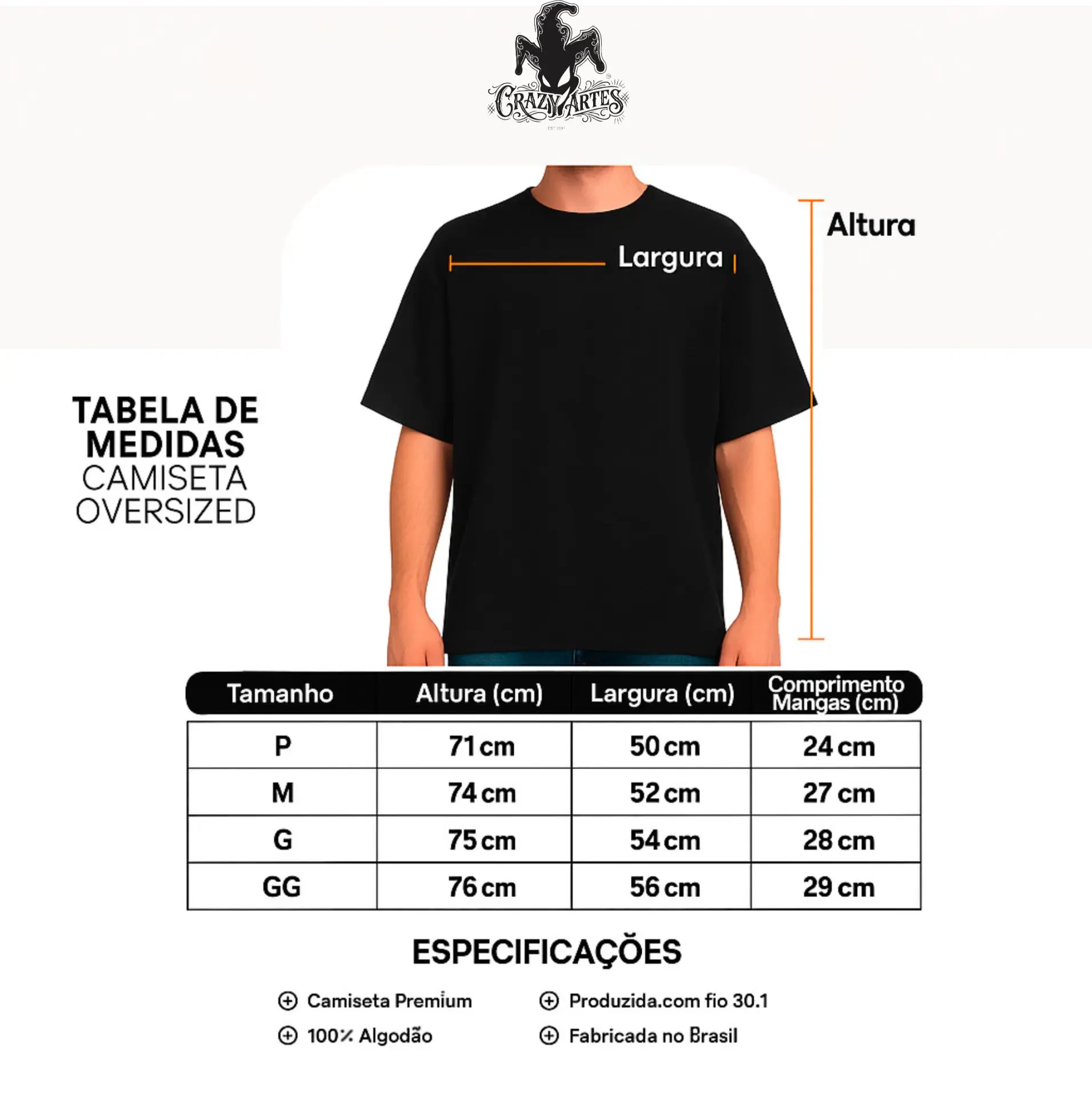 Tabela de medidas da camiseta oversized